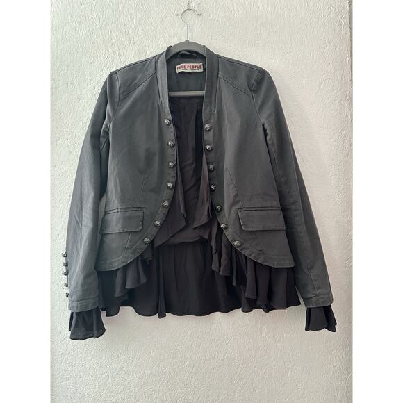 Free People Layered Ruffled Mixed-Media Boho/Chic Jacket XS Gray Utilitarian - Picture 2 of 16